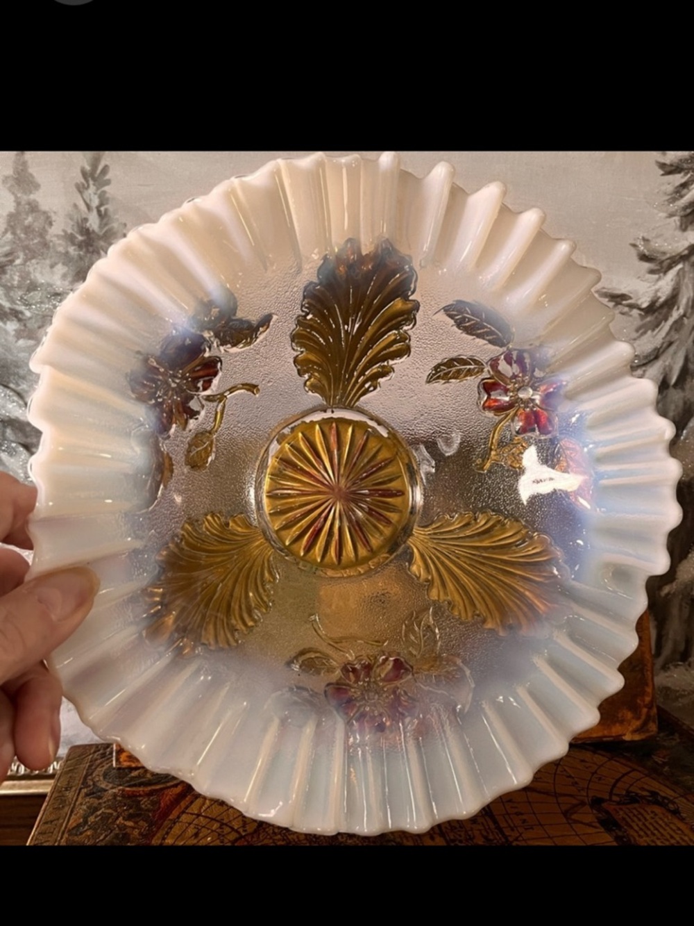 Antique Opalescent Goofus Glass Bowl – Blossom & Palms